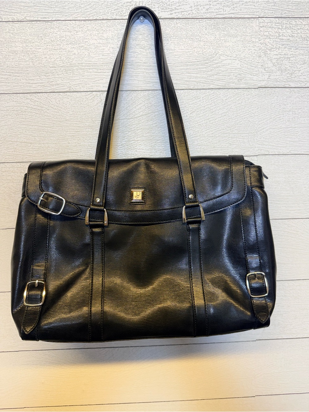 Diane Von Furstenberg Black Textured Leather Tote with Silver Buckles